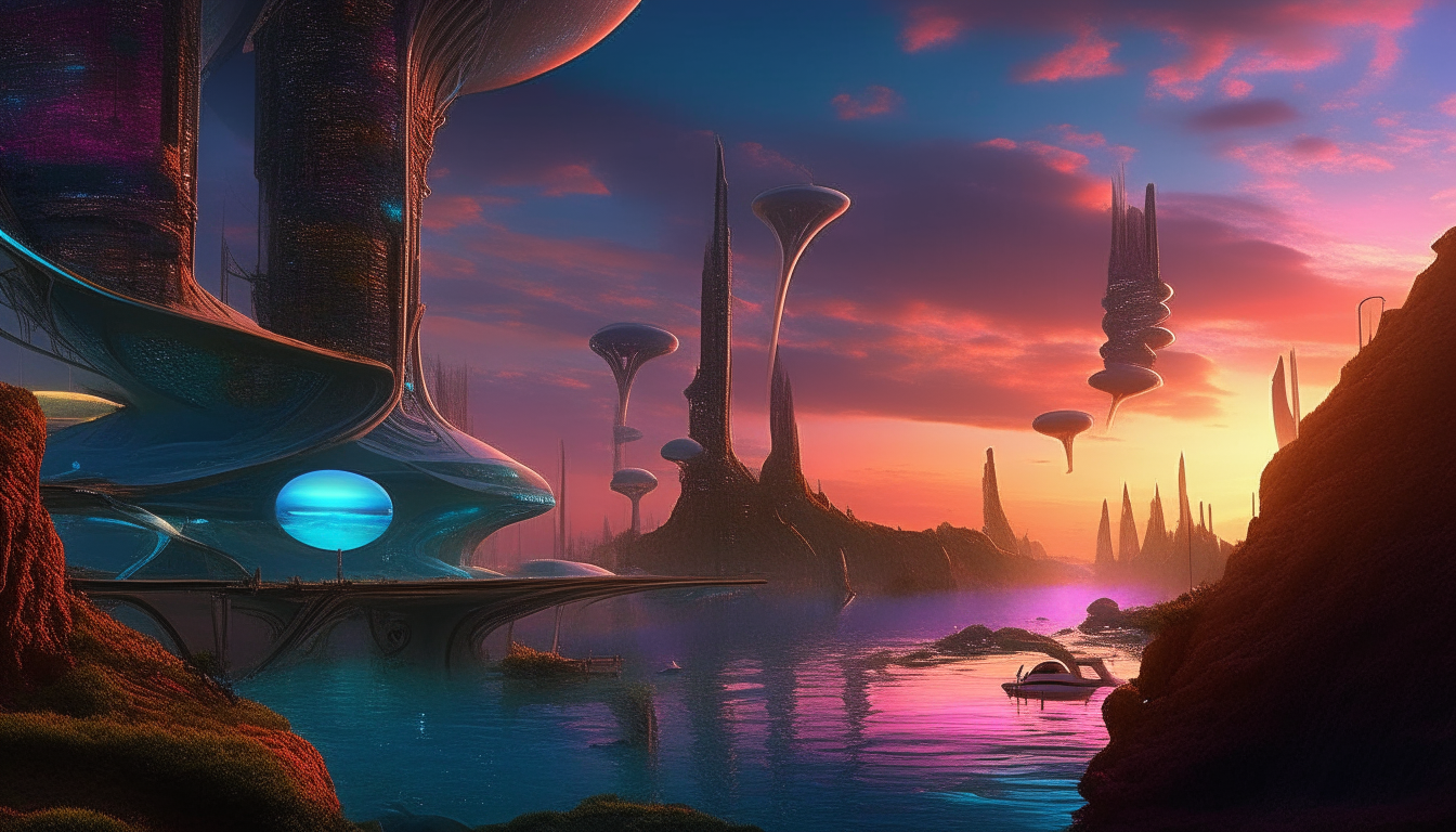 A breathtaking, photorealistic scene of a futuristic alien world, where a wild ocean is filled with vibrant, colorful waves. In the distance, biomechanical living crystal cities rise majestically towards a dramatic, sunsetting sky, merging with the alien cosmos. The cities are adorned with intricate details and pulsating lights, reflecting the dark sci-fi fantasy atmosphere. The water below glistens with otherworldly reflections, and mysterious bioluminescent creatures can be seen swimming beneath the surface.