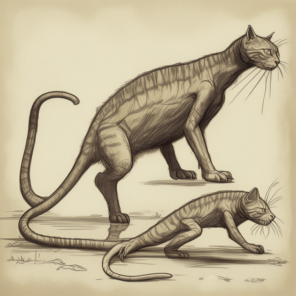 A drawing of a cat with the body and tail of a velociraptor, shown prowling on all fours