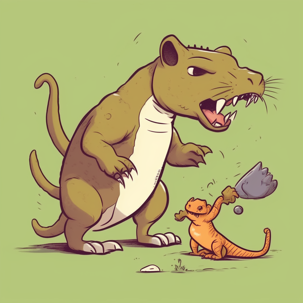 A cartoon of a cat with T-Rex arms, shown swatting at a toy mouse