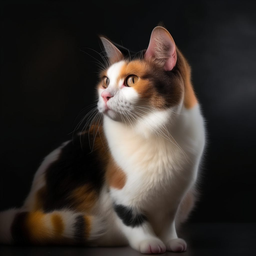 A calico cat sitting and looking to the side