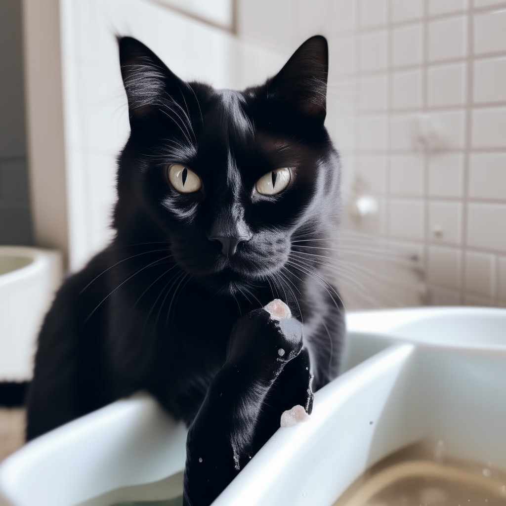 A black cat with white paws sitting and washing its face