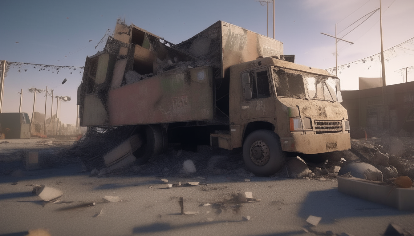 A 3k batt AI truck is crashed and destroyed, surrounded by debris. A large billboard featuring people using their phones can be seen in the background.