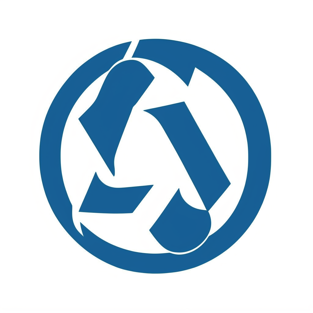 a simple recycling logo made of three chasing arrows in a blue circle on a white background