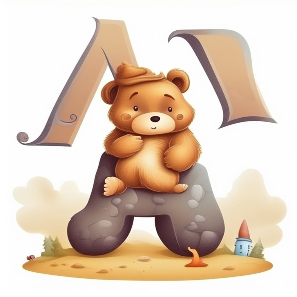 A cute cartoon baby bear sitting on a Letter A in a magical fantasy land