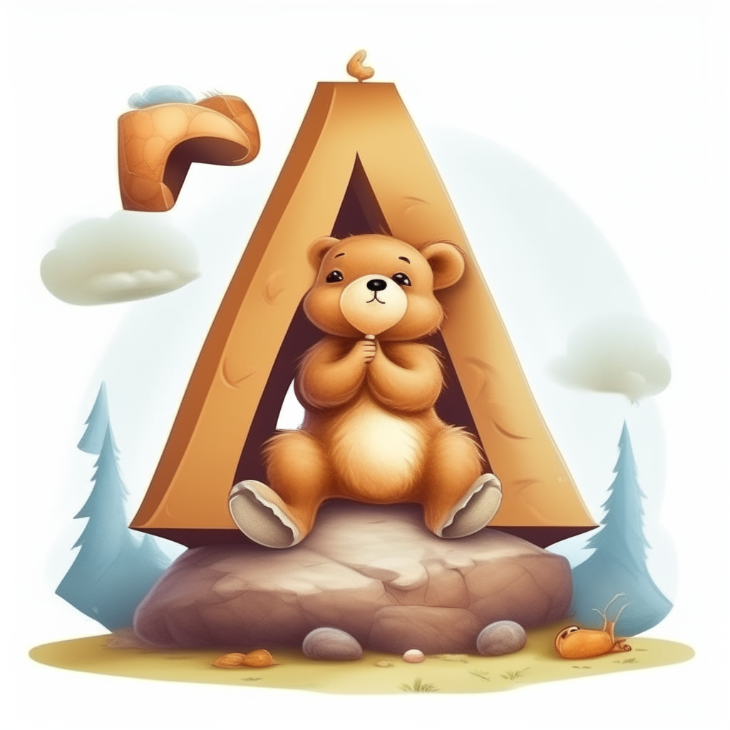 A cute cartoon baby bear sitting on a Letter A in a magical fantasy land