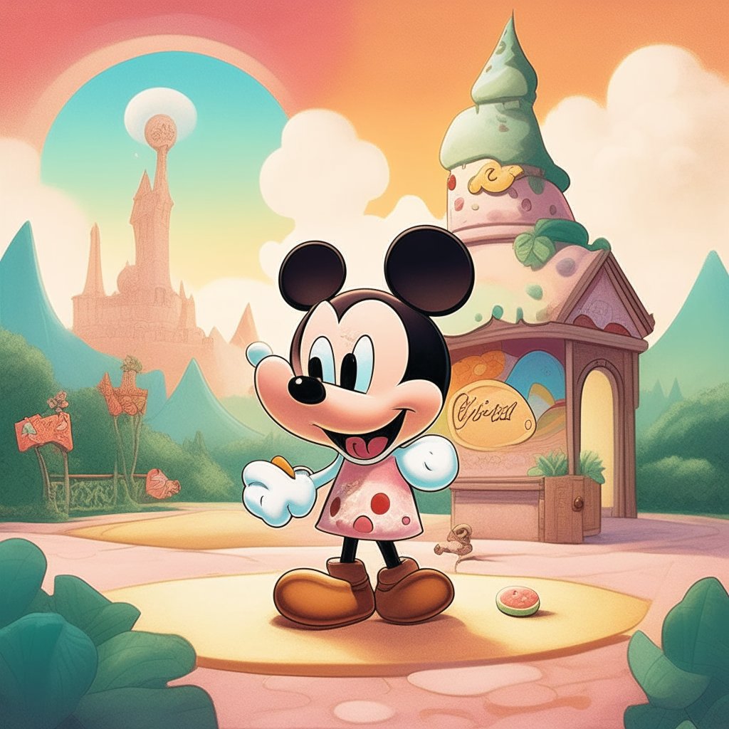 A cartoon mickey mouse standind near a letter A in a fantasy ice cream land