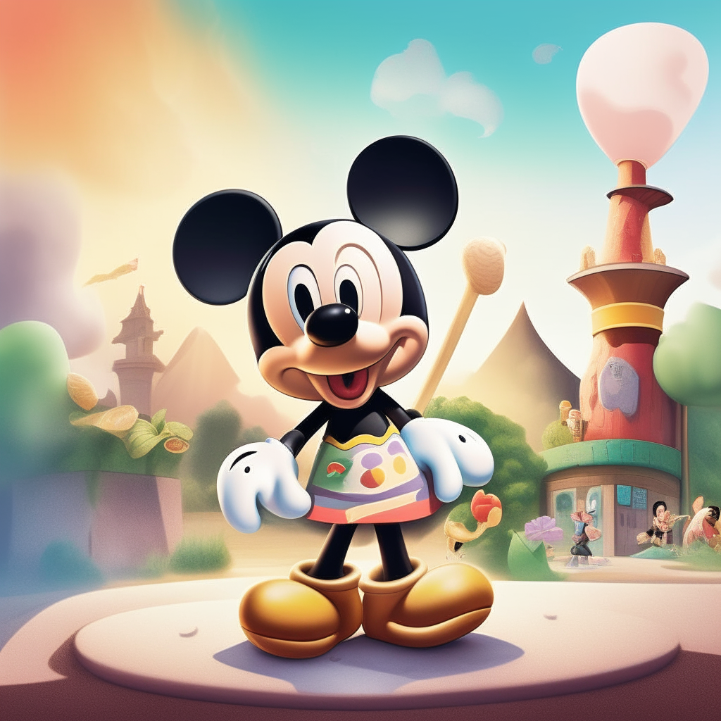 A cartoon mickey mouse standind near a alphabet A in a fantasy ice cream land