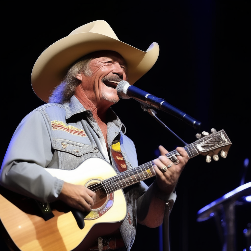 Alan Jackson performing on stage, with an exaggeratedly large straw hat and smile, holding a guitar as he belts out a song