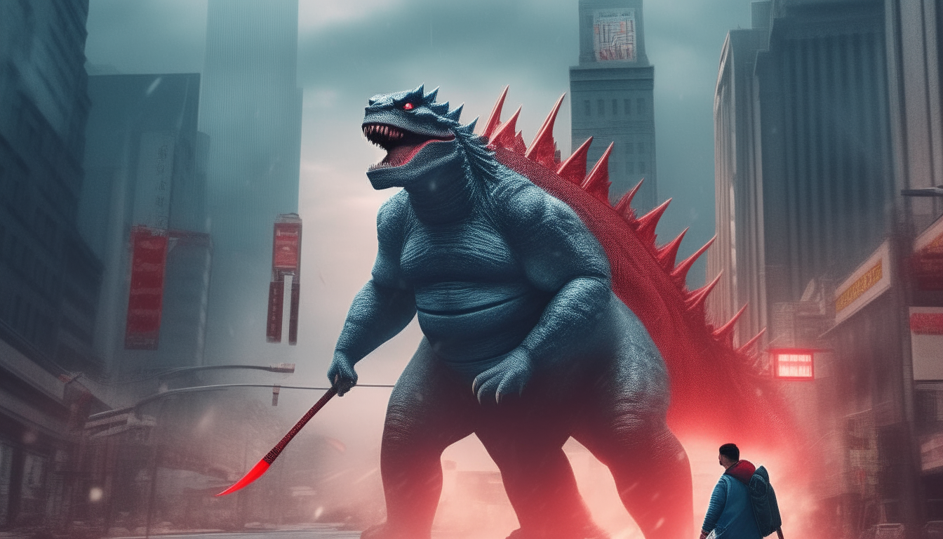 Man riding Godzilla in the city  He holds a spear and has
  A red cloth was wrapped around his waist.  godzilla gasp
  Revealing sharp teeth, taking a selfie photo with goDzilla  There were raindrops falling from the sky and
  People can see in the distance.  3D virtual reality