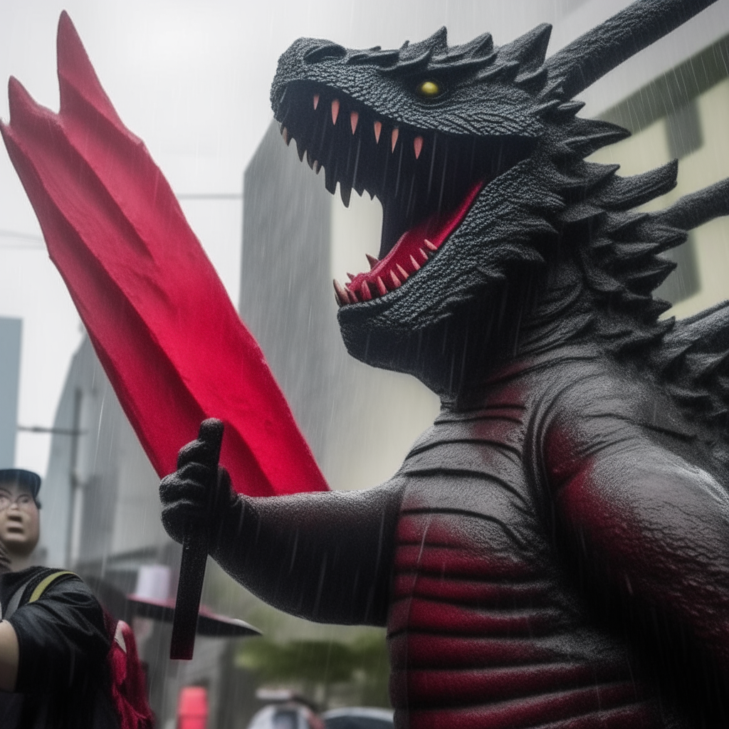 Man riding Godzilla in the city  He holds a spear and has
  A red cloth was wrapped around his waist.  godzilla gasp
  Revealing sharp teeth, taking a selfie photo with goDzilla  There were raindrops falling from the sky and
  People can see in the distance.  3D virtual reality