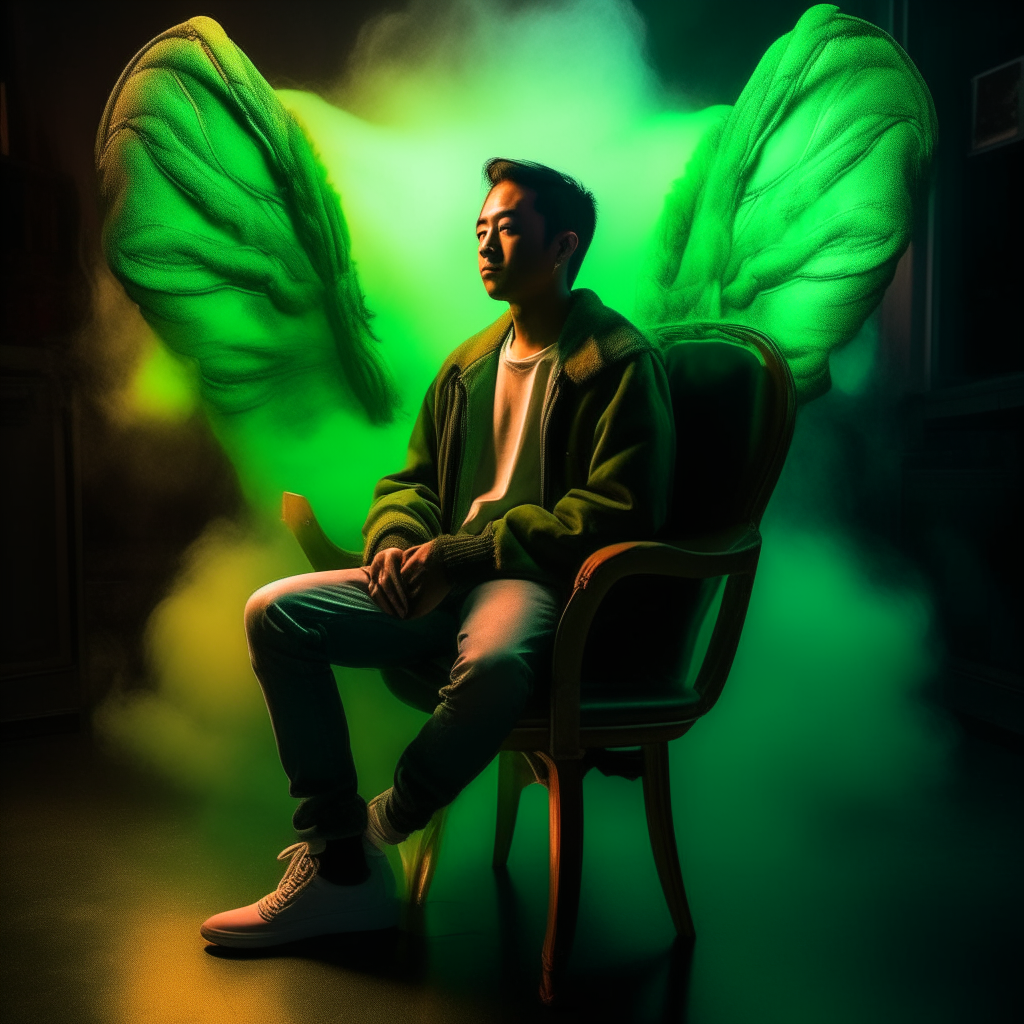 Tip: A shimmering, hyper-realistic surreal image of a Thai man with his hair tied up.  Wear a green jean jacket.  With the message ".......Hello  Wednesday............" Sitting comfortably in a wing chair, adidas sneakers and sunglasses.  and wristwatch  He looked ahead, the background showing “Thai Style” in large capital letters amid neon lights on a black wall.  It should have shadows and wings to make it look like an angel.  Thin smoke that represents a dark, mysterious, beautiful and Thai fantasy background.