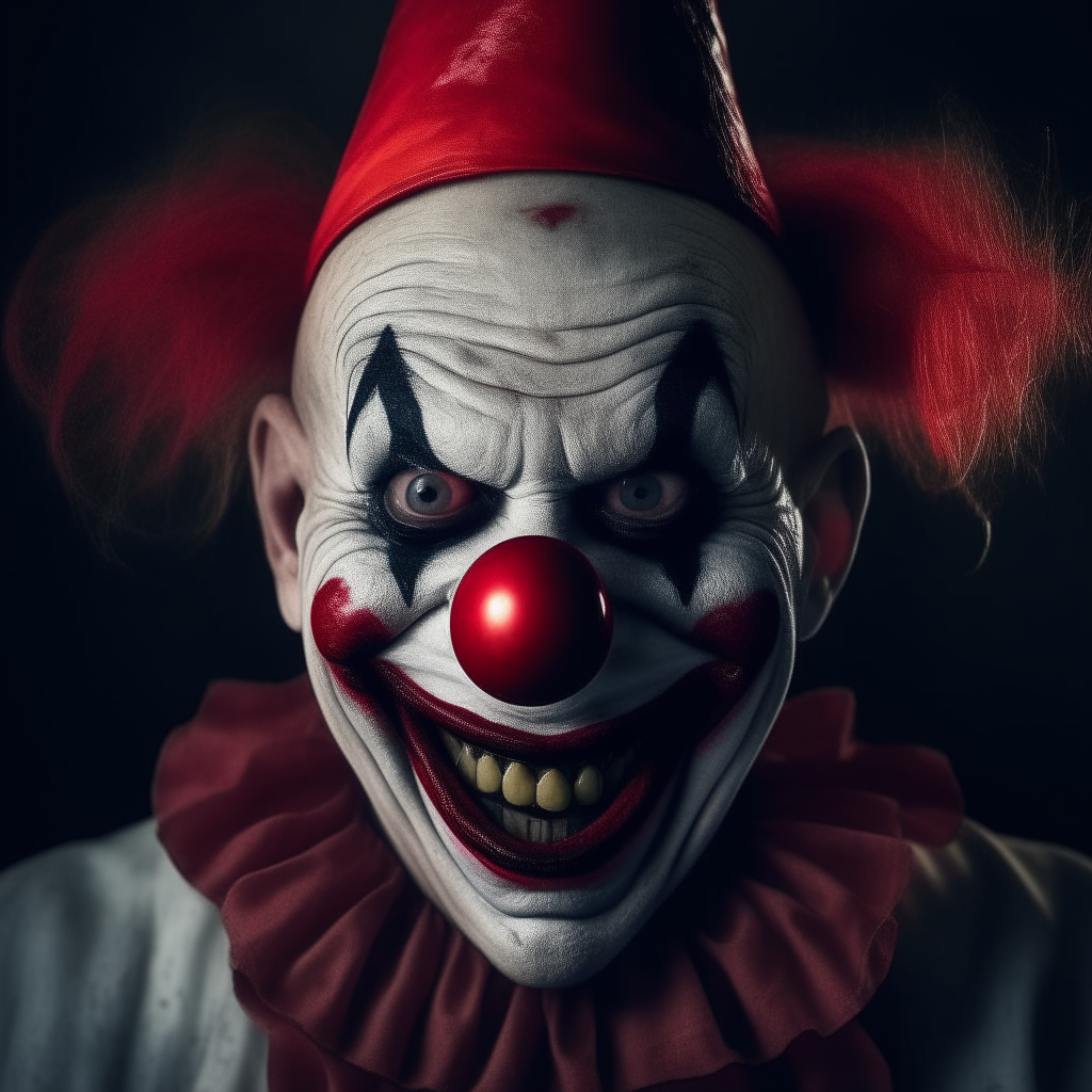 A terrifying clown with a sinister smile and blood red nose