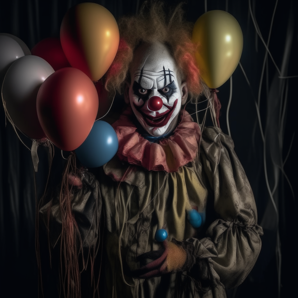 An unsettling clown wearing a tattered costume and holding balloons filled with spiders