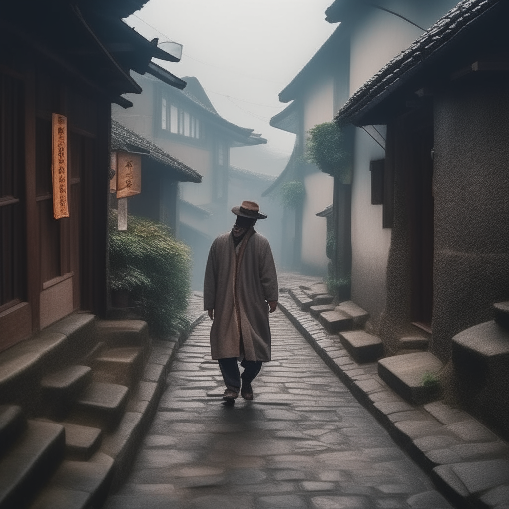 a man walking in street of a montain village