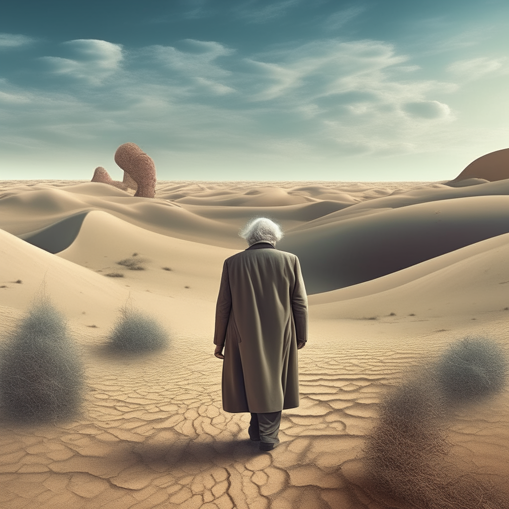 a very tall old man walking in a desert