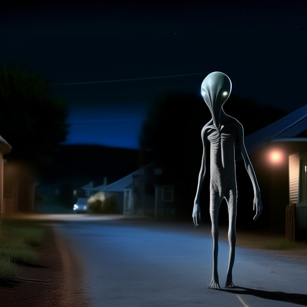 a gray tall alien walking in a street, night, village