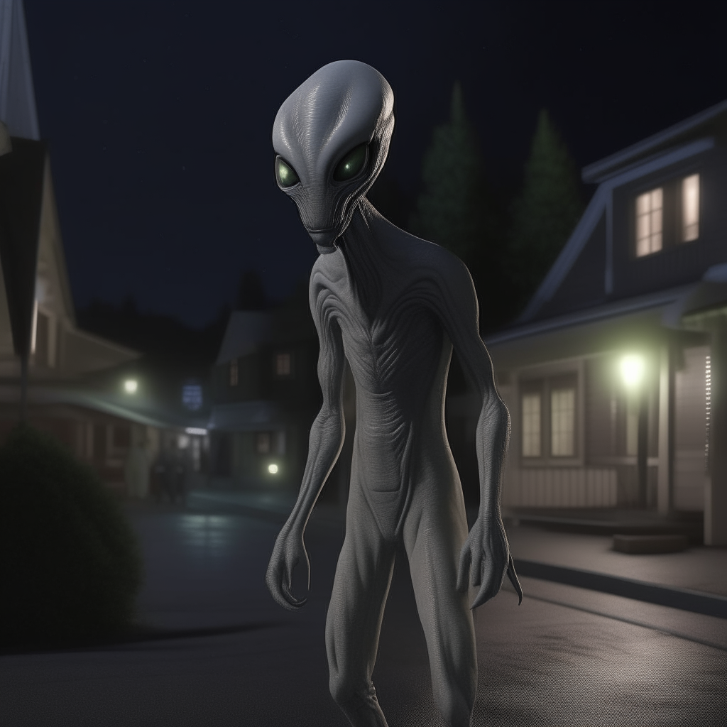 a gray tall alien walking in a street, night, village, photorealistic image