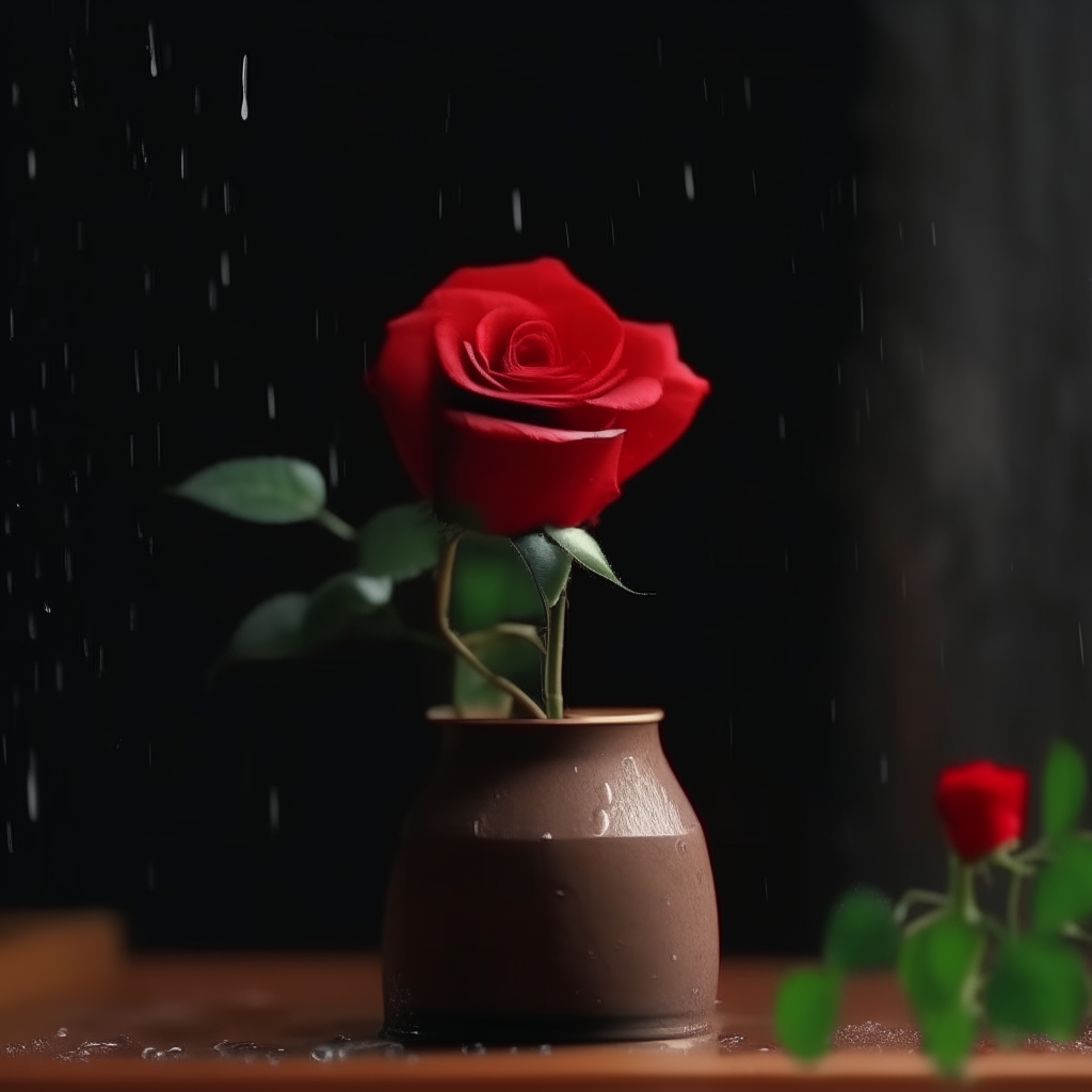 a flower, a dancing red rose, clay vase, light rain, realistic cinematic movement