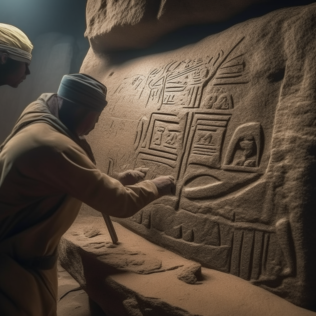 creates a photorealistic image of two military personnel looking at a stone disk with engravings of an alien in a cave