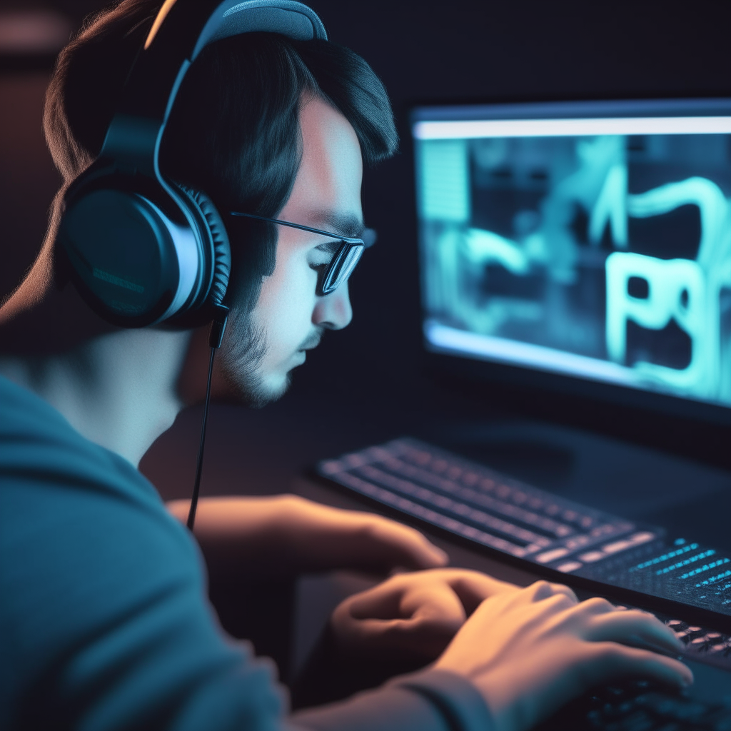 A close up image of a person wearing headphones while working on music production software on a computer, digital art