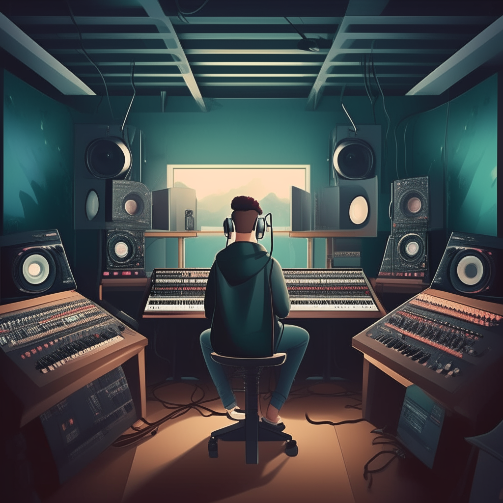 A man working in a professional recording studio filled with audio equipment, digital art