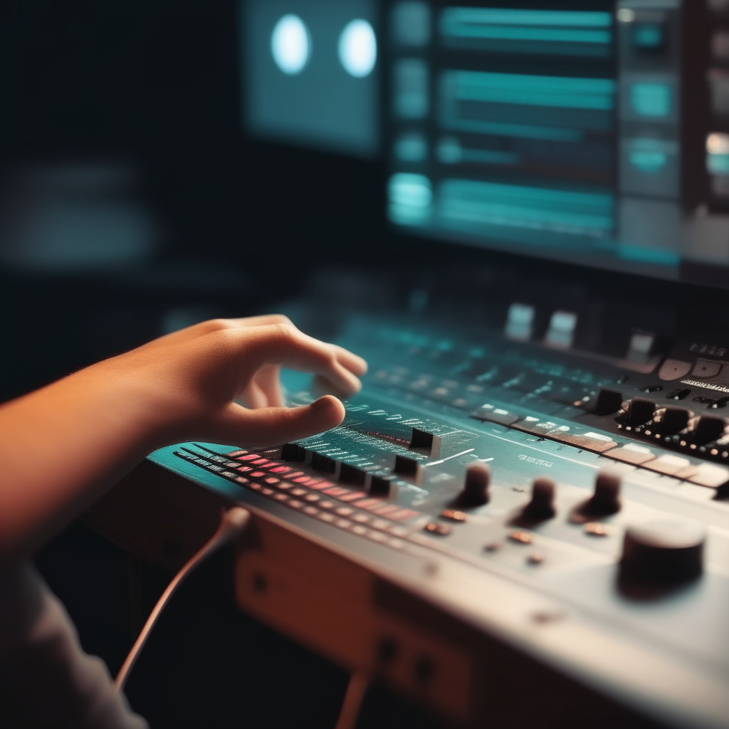 A hand on a mixer controller with music studio in background, digital art