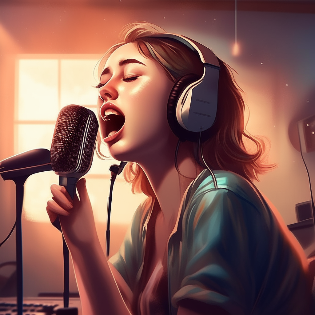 A woman singing into a microphone wearing headphones in a music studio, digital art