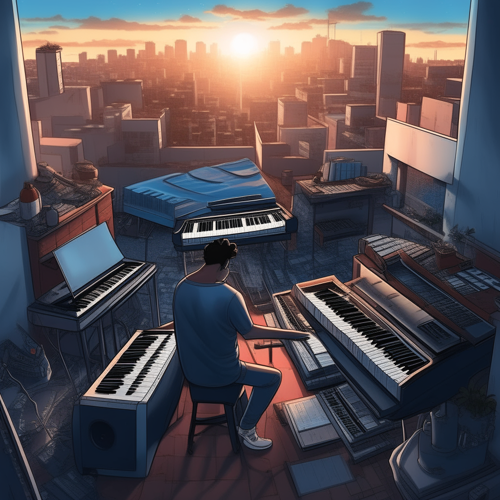 A music producer working in an urban rooftop studio filled with keyboards and speakers, digital art