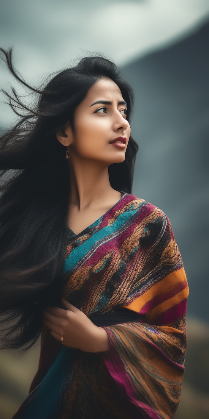 A beautiful young Nepali woman wearing a colorful patterned gurung dress, with her long black hair blowing in the wind