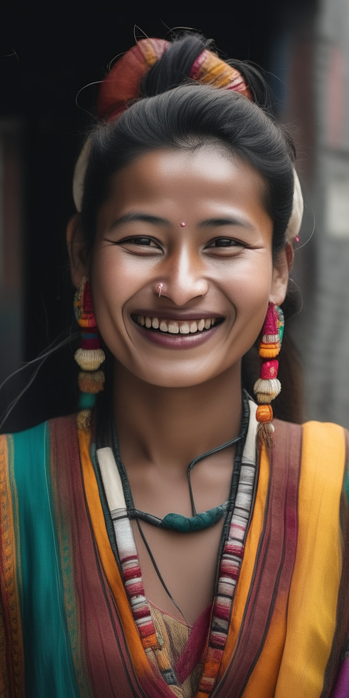 A stylish Nepali woman smiles while dressed in a traditional multicolored gurung dress, her hair flowing freely behind her