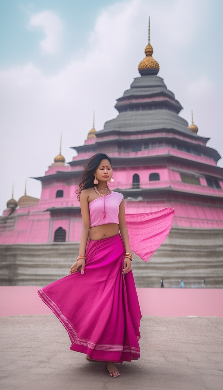 A stylish young woman poses in front of the historic Boudhanath Stupa while dressed in a lovely pink ghagra choli, the wind catching her hair.