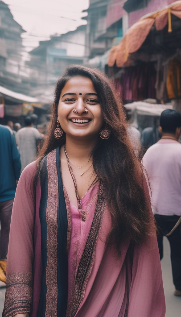 A beautiful Nepali woman smiles as she walks through a busy street market in Kathmandu, wearing an intricate pink ghagra choli and with her long hair flowing freely behind her.
