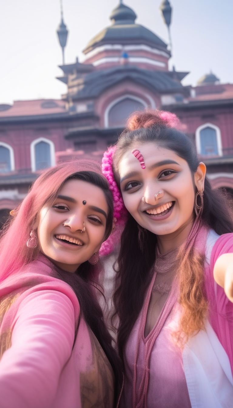 Two friends take a selfie together in front of Pashupatinath Temple, both wearing intricate pink ghagra cholies and smiling for the camera.