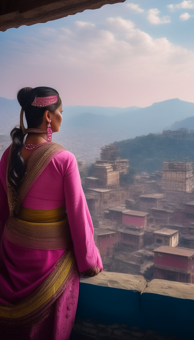 A Nepali woman gazes out over the city from a temple balcony, dressed in a pink ghagra choli and traditional jewelry with the Himalayas in the distance.