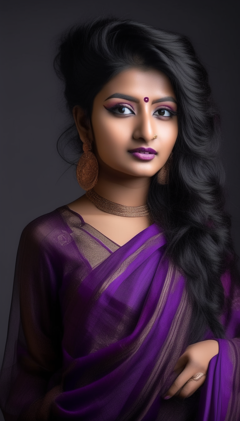 A beautiful Asian nepali stylish woman, outfit intricate purple colour saree with blouse,hair blow