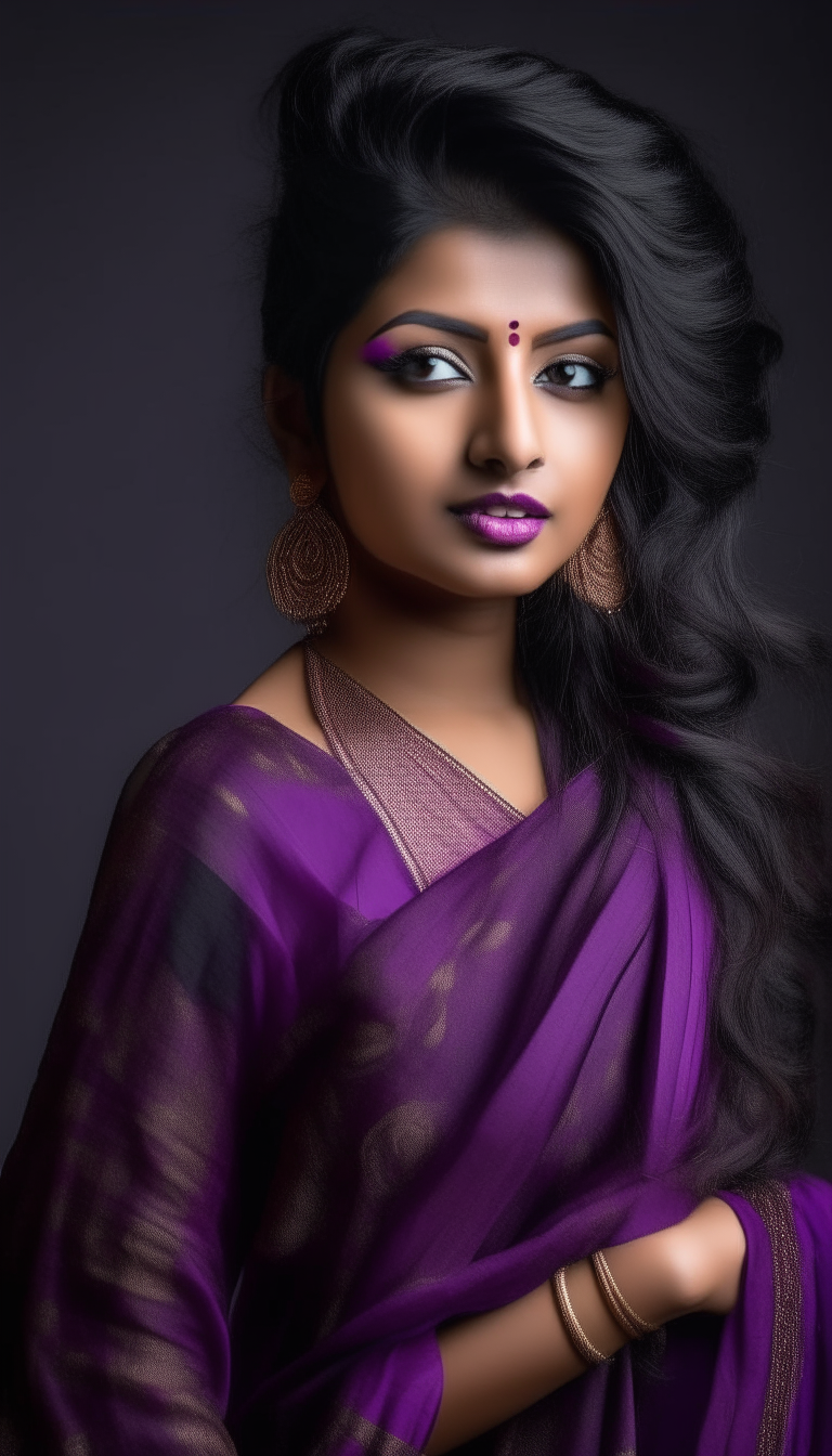 A beautiful Asian nepali stylish woman, outfit intricate purple colour saree with blouse,hair blow