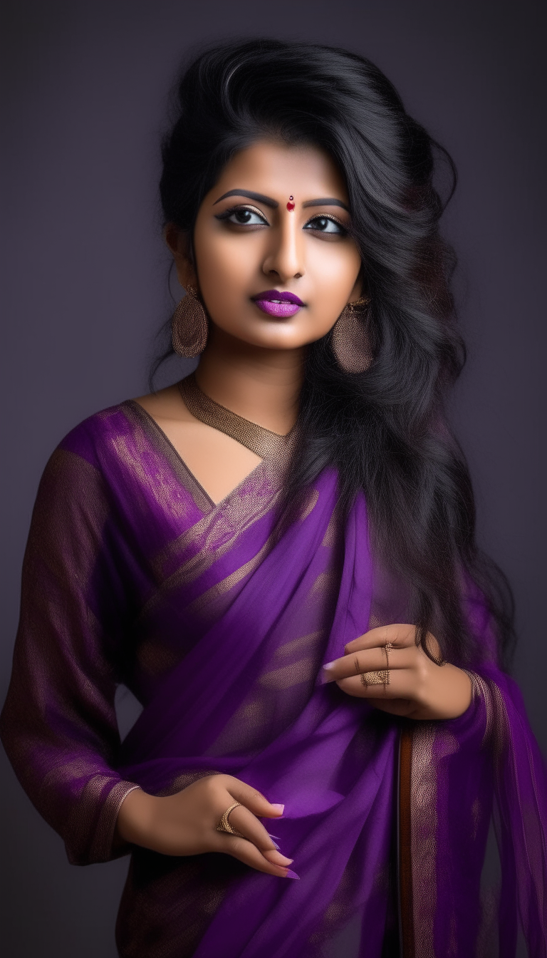 A beautiful Asian nepali stylish woman, outfit intricate purple colour saree with blouse,hair blow