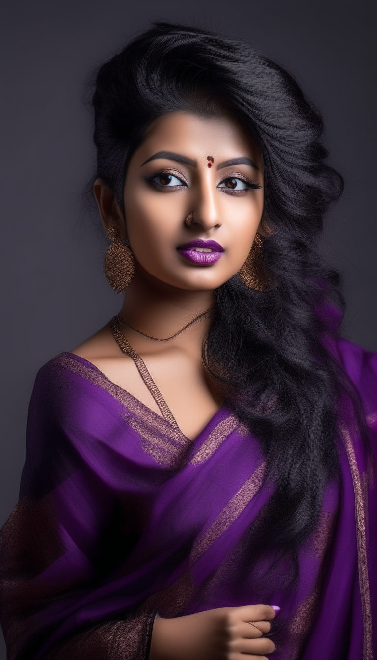 A beautiful Asian nepali stylish woman, outfit intricate purple colour saree with blouse,hair blow