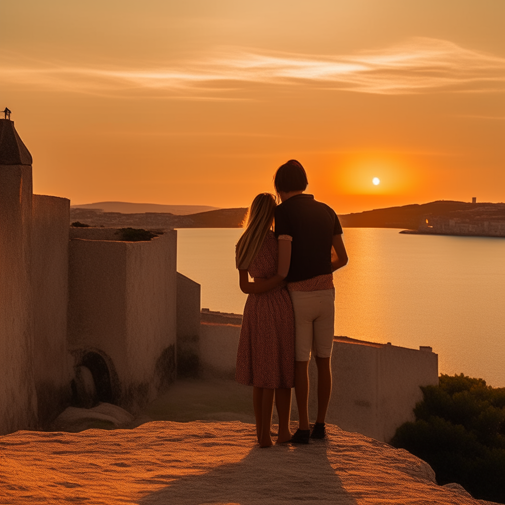 A couple gazing out at the Mediterranean sea from atop an ancient stone fortress at sunset. The man stands behind the woman, his hands on her shoulders as they watch the sun dip below the horizon. Cobbled streets, terra cotta roofs and the distant silhouette of sailing boats fill out the landscape. A romantic couple enjoying the scenic views from a historic site