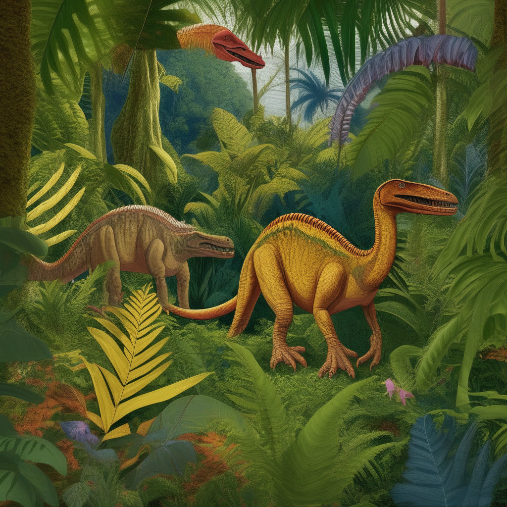 two multicolor dinosaurs in a jungle with trees and plants