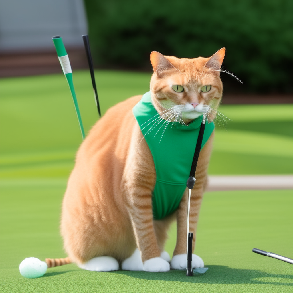 an orange tabby cat wearing a polo shirt and holding a golf club, ready to tee off on a green with cat friends looking on