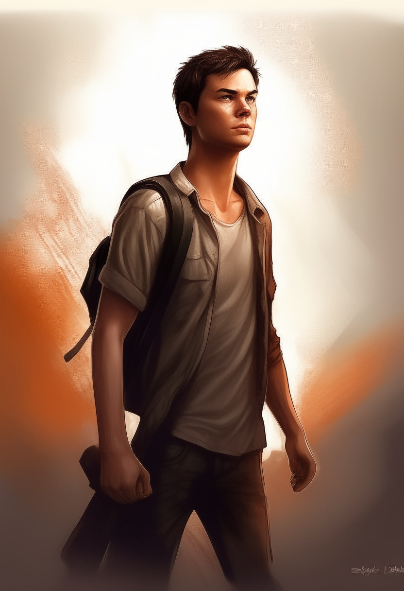 a young man looking determined, with a heroic stance, digital art