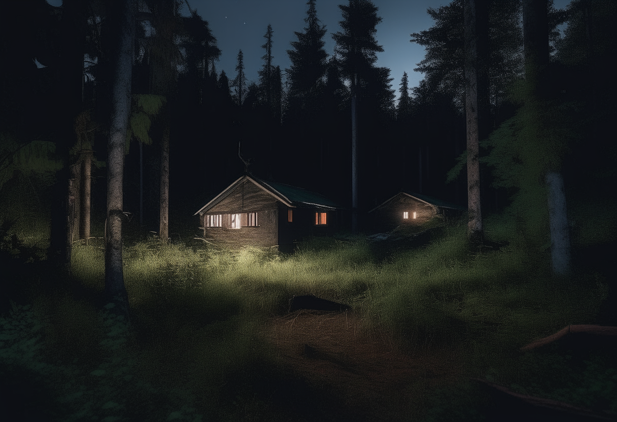 A dimly lit forest clearing at night, surrounded by tall dark trees with broken cabins and overgrown weeds visible in the center