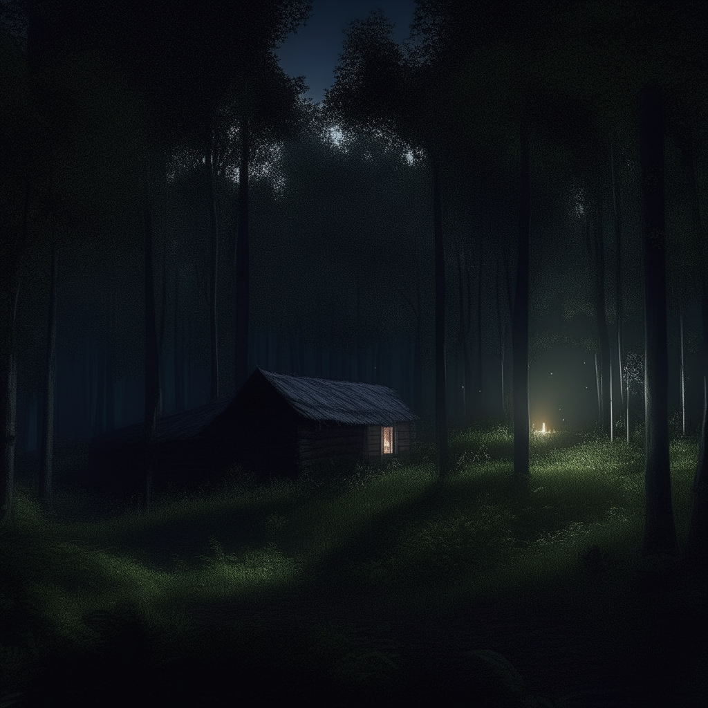 A dimly lit forest clearing at night, surrounded by tall dark trees. Broken down cabins are overtaken by weeds and vines with only a faint glimmer of moonlight shining through the dense canopy. A dark, eerie forest clearing at night, surrounded by tall dark trees. Broken down cabins are overtaken by weeds and vines with only a faint glimmer of moonlight shining through the dense canopy.