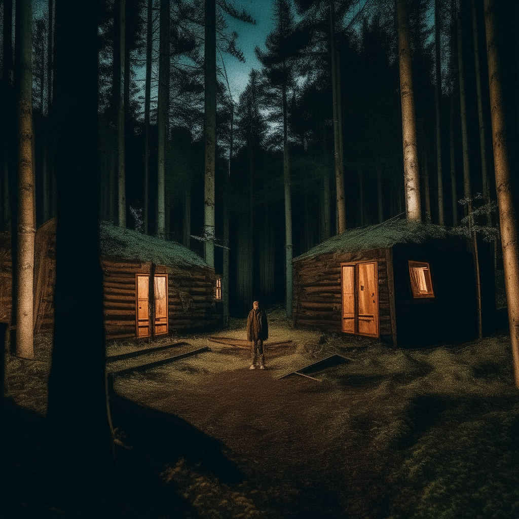 a man standing in the middle of a forest at night, with 5 abandoned wooden cabins scattered throughout the trees