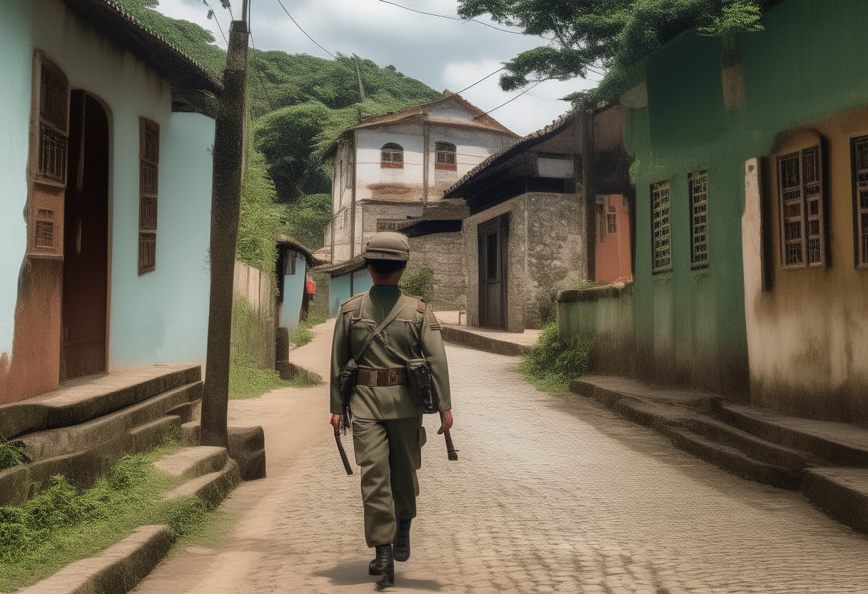 Um soldado holandês vestindo uniforme militar do século 17 andando em uma rua de Olinda, Pernambuco, Brasil. Ao fundo casas coloniais e uma igreja barroca. Imagem em óleo sobre tela.