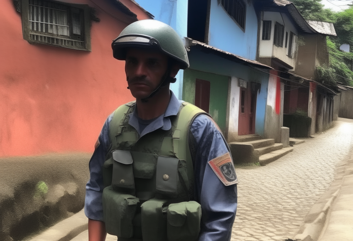 Um soldado holandês com uniforme do século 17, mosquete de frente, em uma rua de casas coloniais em Olinda, Pernambuco durante a invasão holandesa no Brasil