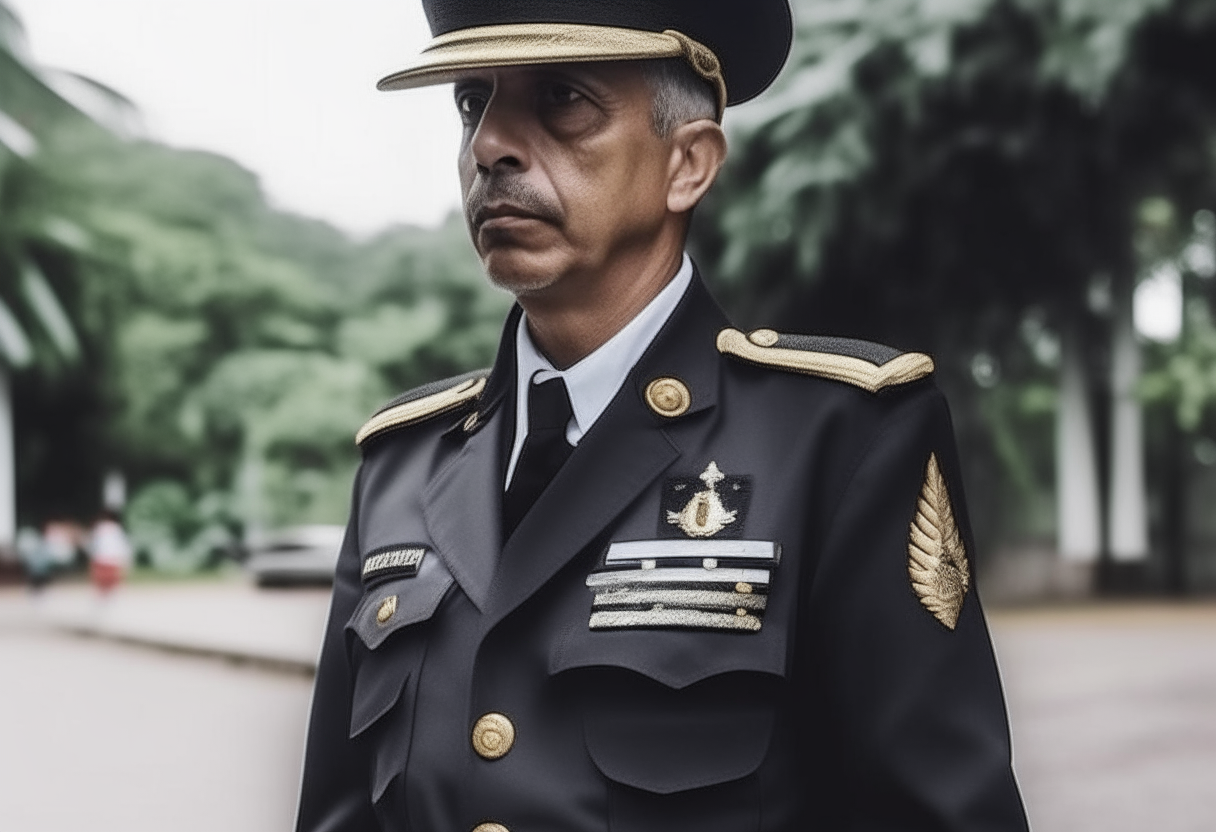 Um soldado holandês vestindo uniforme militar do século 17, com chapéu preto de abas largas, blusa branca com babados, calças pretas justas, meias brancas e sapatos pretos com fivela. Ele segura um mosquete antigo enquanto caminha por uma rua de paralelepípedos entre casas coloniais simples de Olinda, Pernambuco, durante a invasão holandesa do nordeste do Brasil