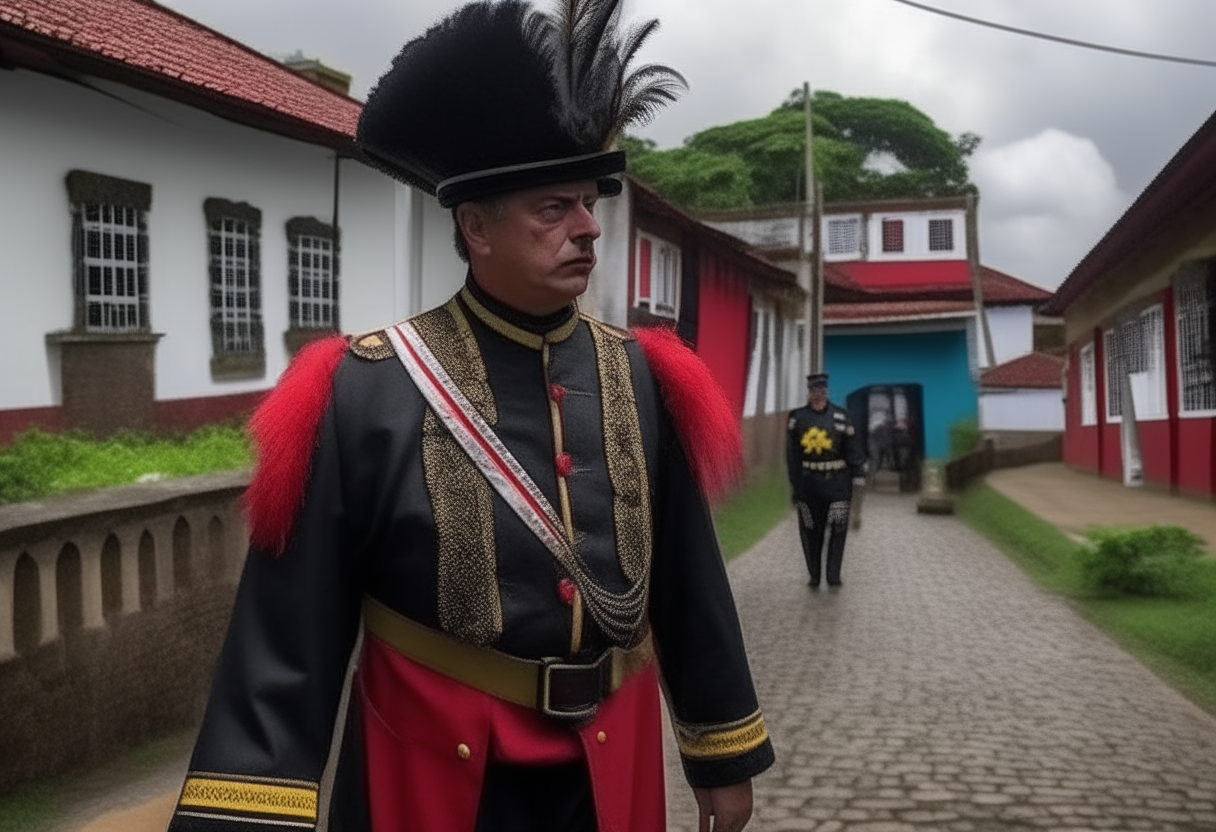 Um soldado holandês em pé em uma rua de paralelepípedos entre casas coloniais simples de taipa de pilão com telhados de telhas portuguesas. Ele usa chapéu preto de abas largas com plumas, casaca vermelha com botões dourados, calça branca justa, meias brancas e sapatos pretos com fivela prateada. Ele segura um mosquete de cano longo com coronha de madeira. Ao fundo se vê o mar com navios veleiros. A imagem é uma pintura a óleo realista do século 17