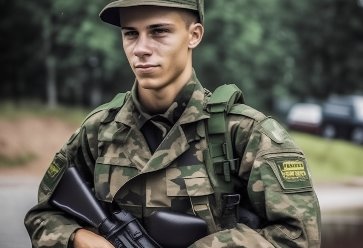 Um soldado holandês vestindo uniforme militar típico do século 17
